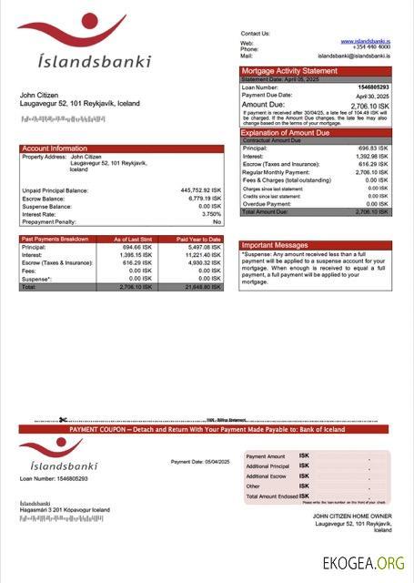 Modèle Word et PDF de relevé hypothécaire de la Banque d'Islande (Íslandsbanki)